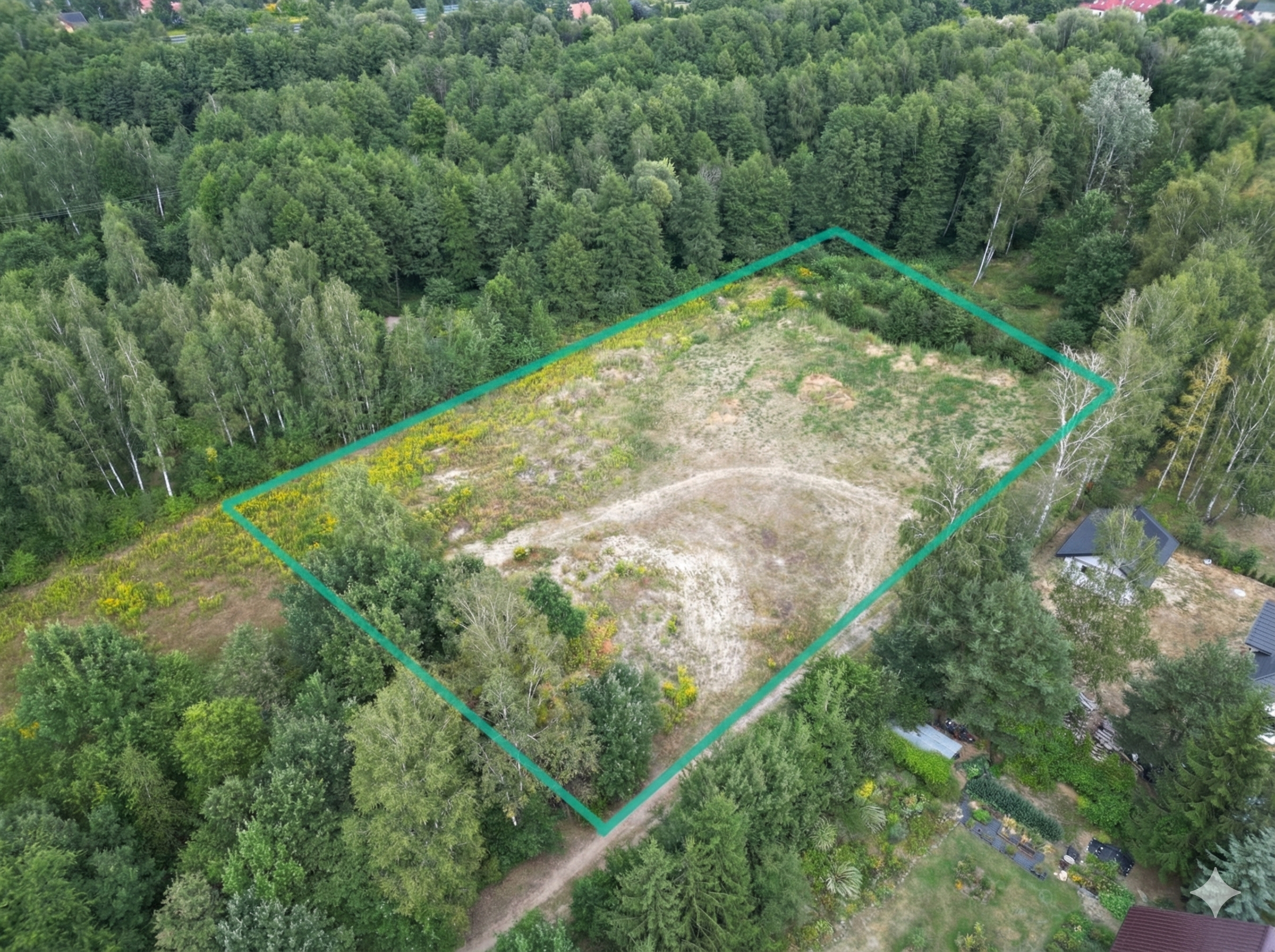 Działka z istniejącym budynkiem przed transformacją wizualną.